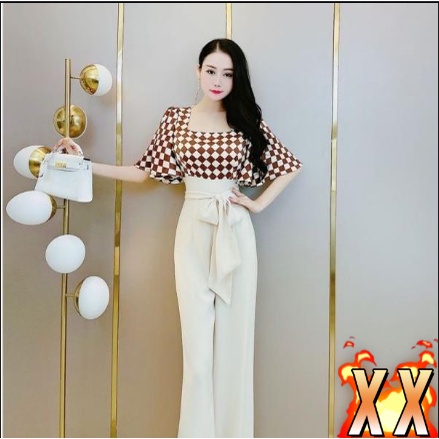 Áo Liền Quần Cổ Vuông Tay Ngắn Ống Rộng Vải Voan Màu Đen Trắng Thời Trang Mùa Hè Cho Bạn Gái