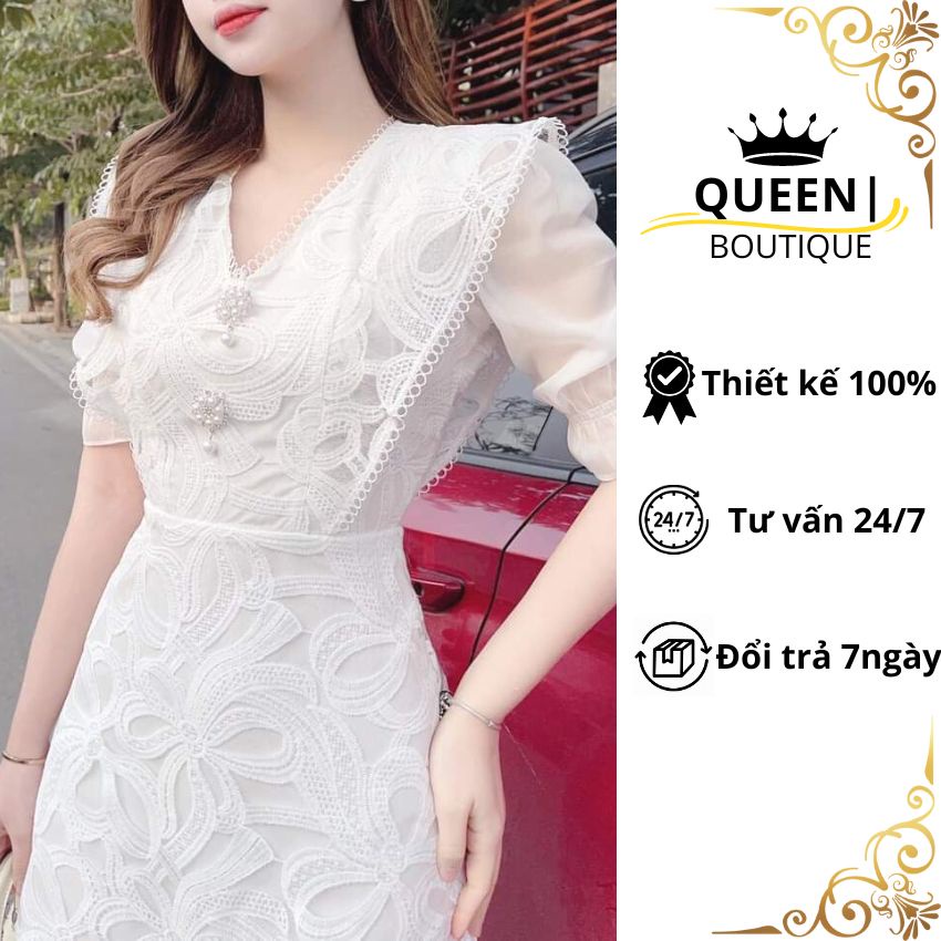 Đầm nữ dự tiệc dáng chữ A chất ren tôn da V002 cao cấp, Váy công sở thiết kế sang trọng - Ảnh thật 100%