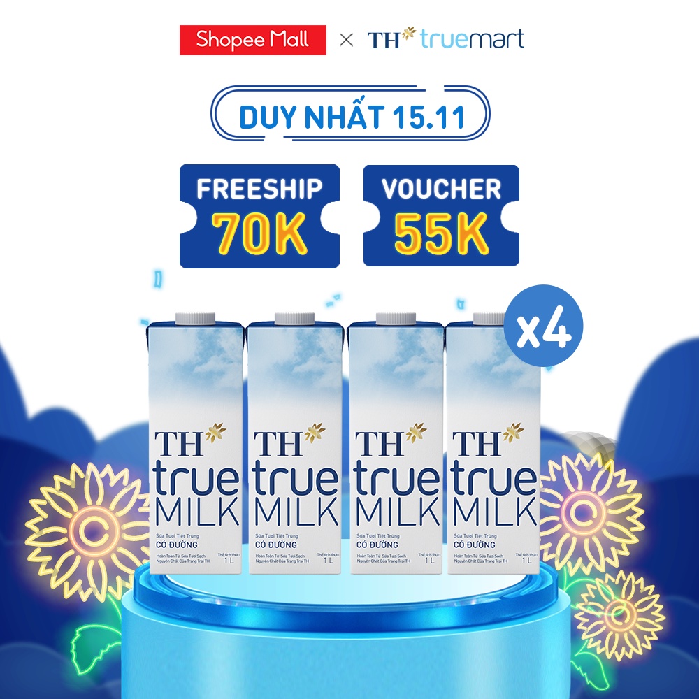 Combo 4 Hộp sữa tươi tiệt trùng có đường TH True Milk 1L (1L x 4)