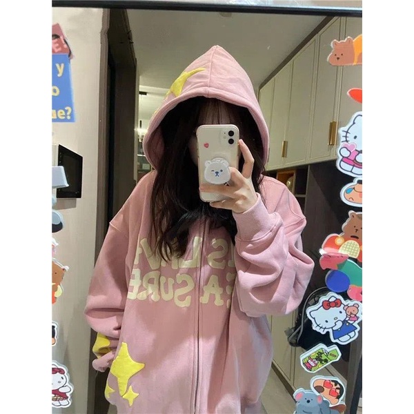 Áo Khoác Cardigan Có Nón Vải Nỉ oversize In Hình Ngôi Sao Màu Hồng Thời Trang Thu Đông Cho Nữ