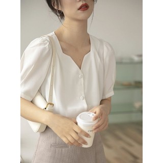 Sơ mi cộc tay cổ V tay bồng công sở lụa hàn