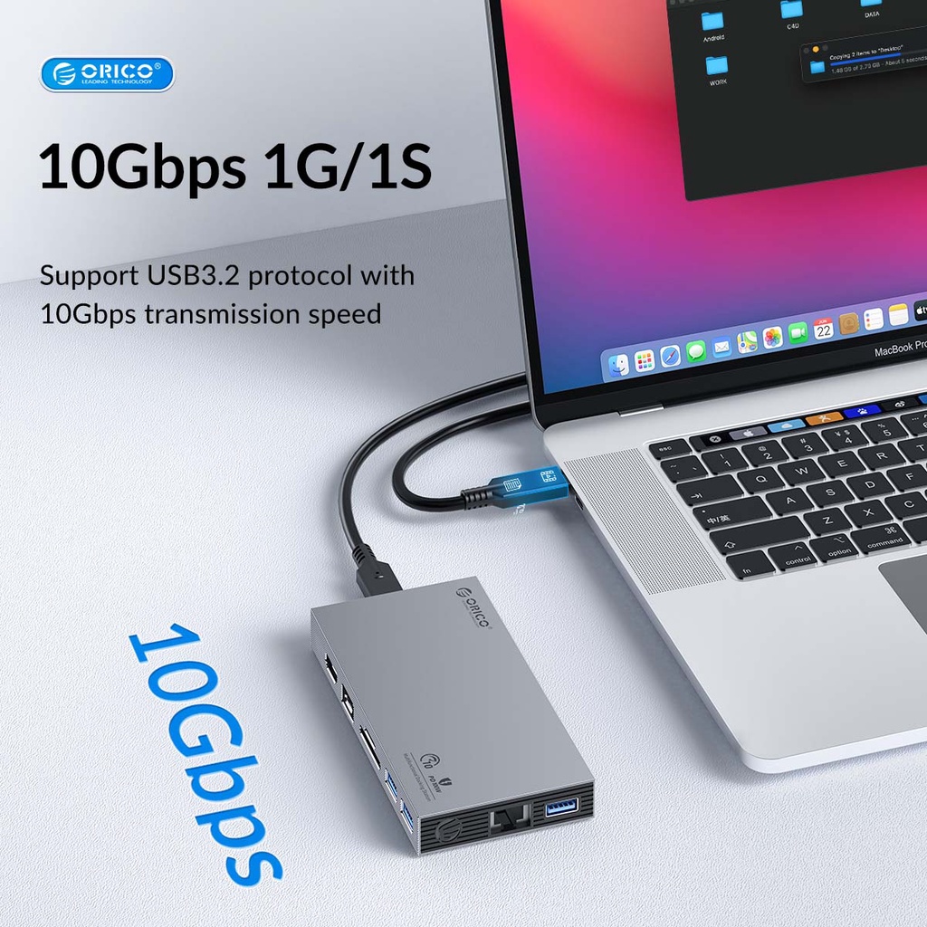 Trạm Sạc ORICO USB Type C Sang HDMI 4K60Hz PD100W USB3.0 10Gbps Cho MacBook Pro RJ45 OTG Thẻ SD (CDH-10H)