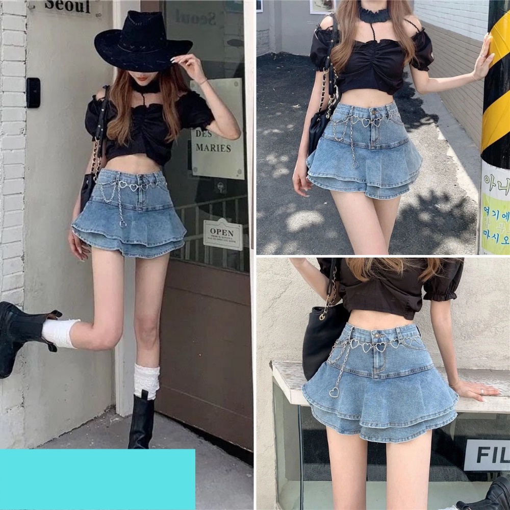 Chân váy nữ, chân váy jeans tà bèo không dây kèm theo màu xanh size S M L SKUCV-17A 1990clother