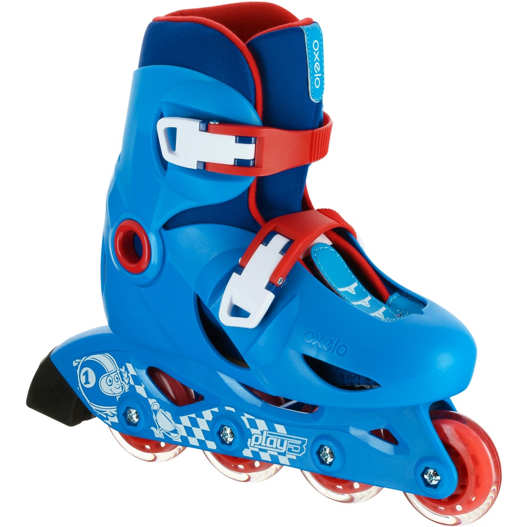 Giày trượt patin 1 hàng play 3 cho trẻ em màu xanh dương/ đỏ DECATHLON oxelo mã 8366197
