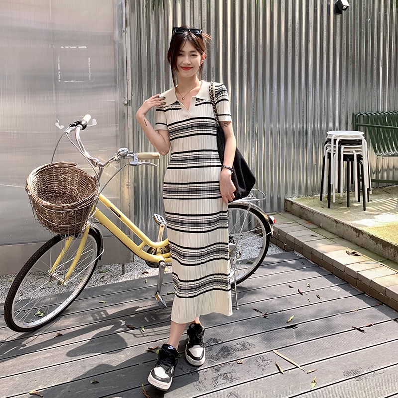 Đầm maxi DIDIKA dệt kim tay ngắn cổ polo họa tiết kẻ sọc thời trang mùa hè phong cách Hàn Quốc cho nữ