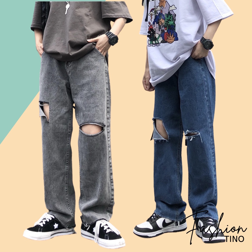Quần jean nam rách gối Baggy TINO Quần Bò Nam Ống suông Dáng Rộng dễ phối đồ QD19