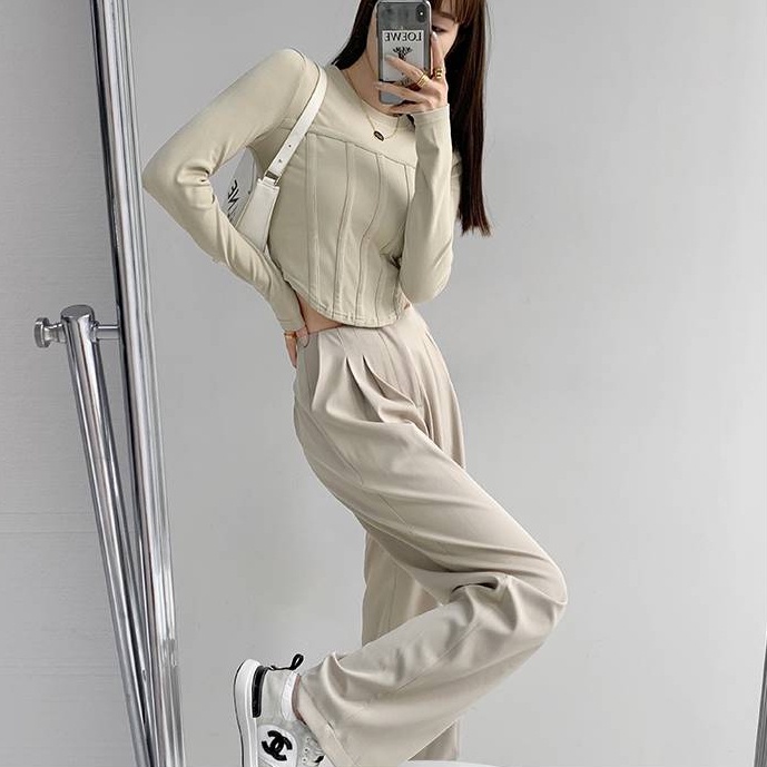 Áo kiểu SUXI tay dài cổ tròn màu trơn dáng ôm thời trang mùa thu dành cho nữ