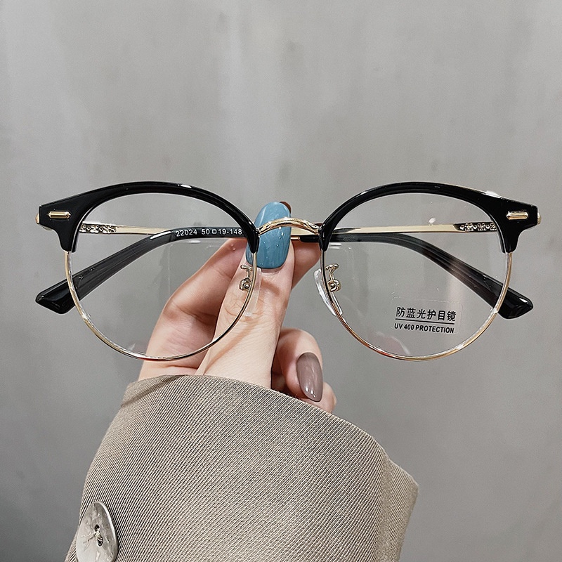 Gọng kính cận nữ nam cao cấp phong cách Hàn Quốc mắt kính không độ râm mát tròn ngố chống tia UV hit hot đẹp HANASO 113