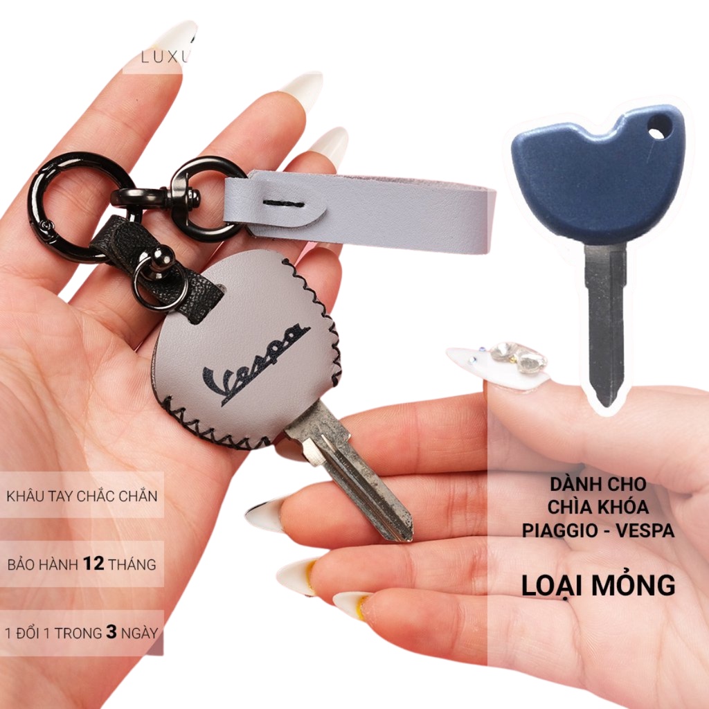 Bao da bảo vệ chìa khóa Piagio Vespa khâu tay thủ công, móc A hiện đại