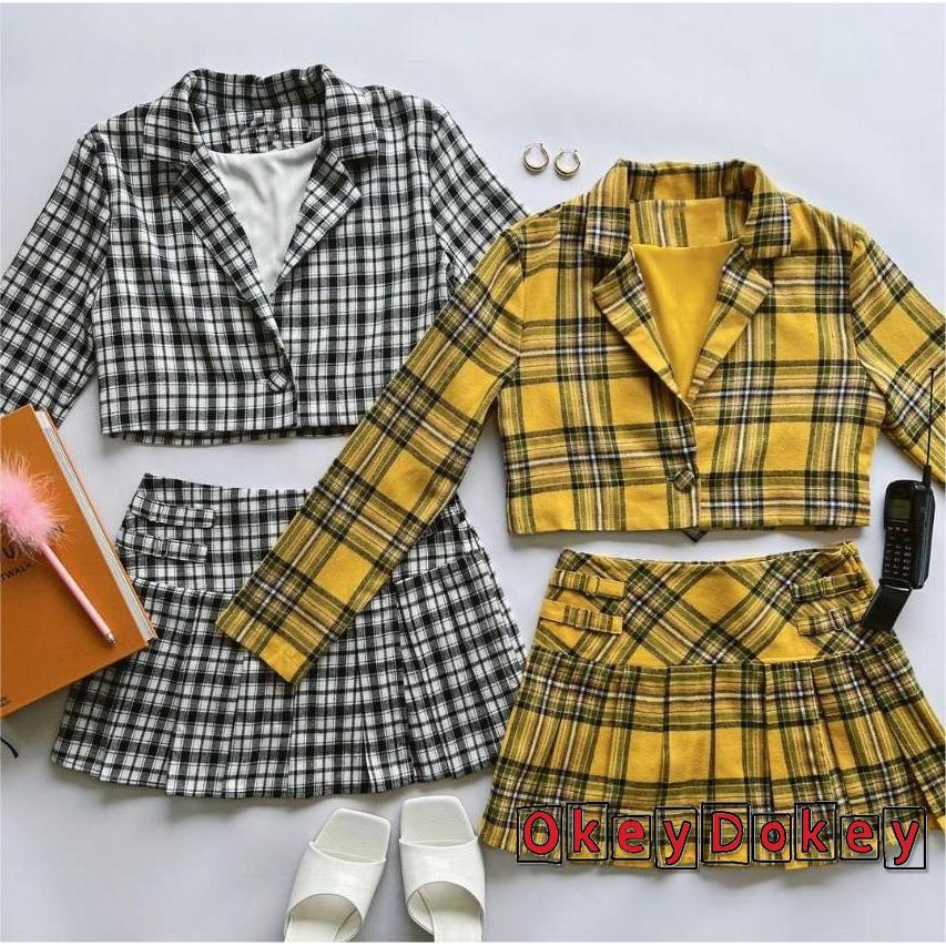 Bộ Áo Croptop Dài Tay Cổ Chữ V Cắt Chữ V + Chân Váy Chữ A Sọc Caro Cho Nữ