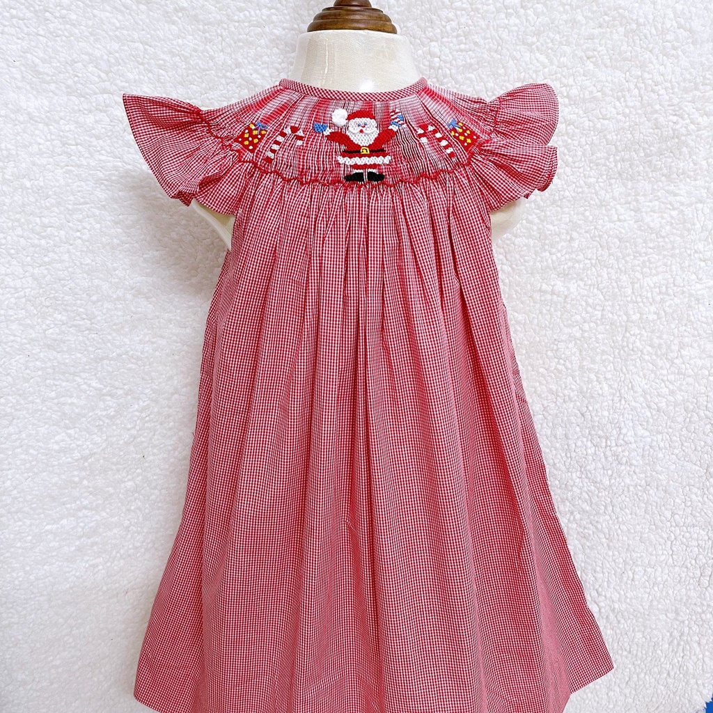 Váy Đầm Bé Gái SMOCK CÔ NẮNG Đỏ Kẻ Caro Tay Cánh Tiên Ông Già Tuyết Noel Dễ Thương