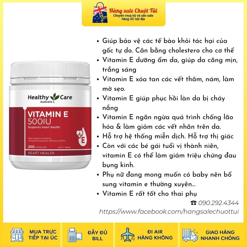 Viên uống vitamin E 500IU Healthy care 200v