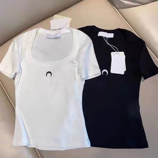 MARINE SERRE short-sleeved T-shirt Slim cotton moon printed U-collar women's top half sleeve bottoming shirt