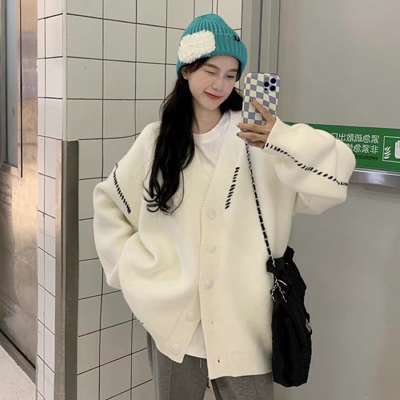 Áo Len dáng dài quảng châu, áo khoác cardigan nữ móc chỉ 2 bên tay màu đen trắng