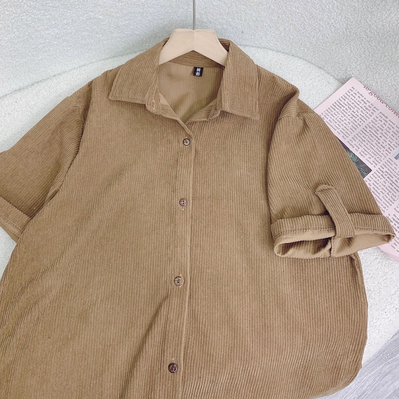 Váy sơ mi nhung tăm dáng dài, váy suông ngắn tay khuy gỗ - VS10