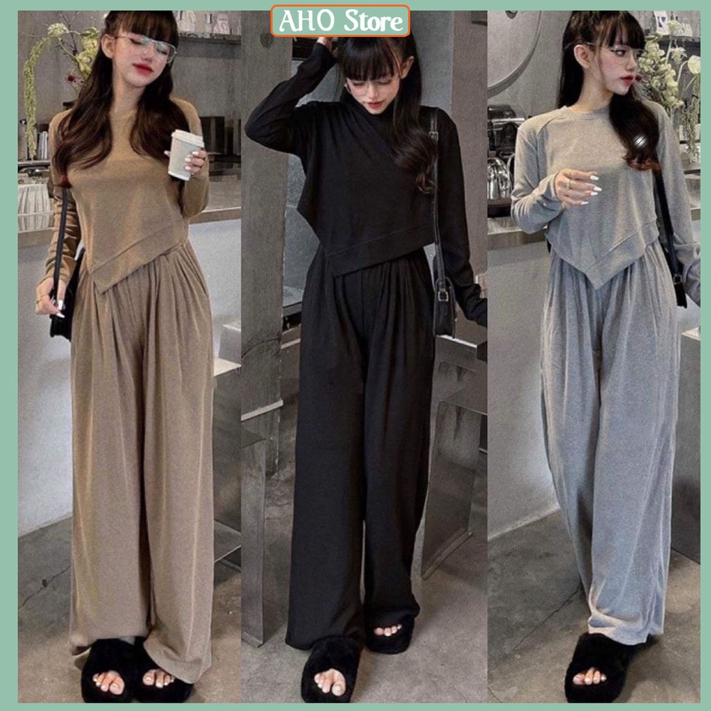 Set Bộ Nữ 2 Món Set Đồ Gồm Một Áo Vạt Lệch Dài Tay Và Một Quần Ống Xuông Freesize