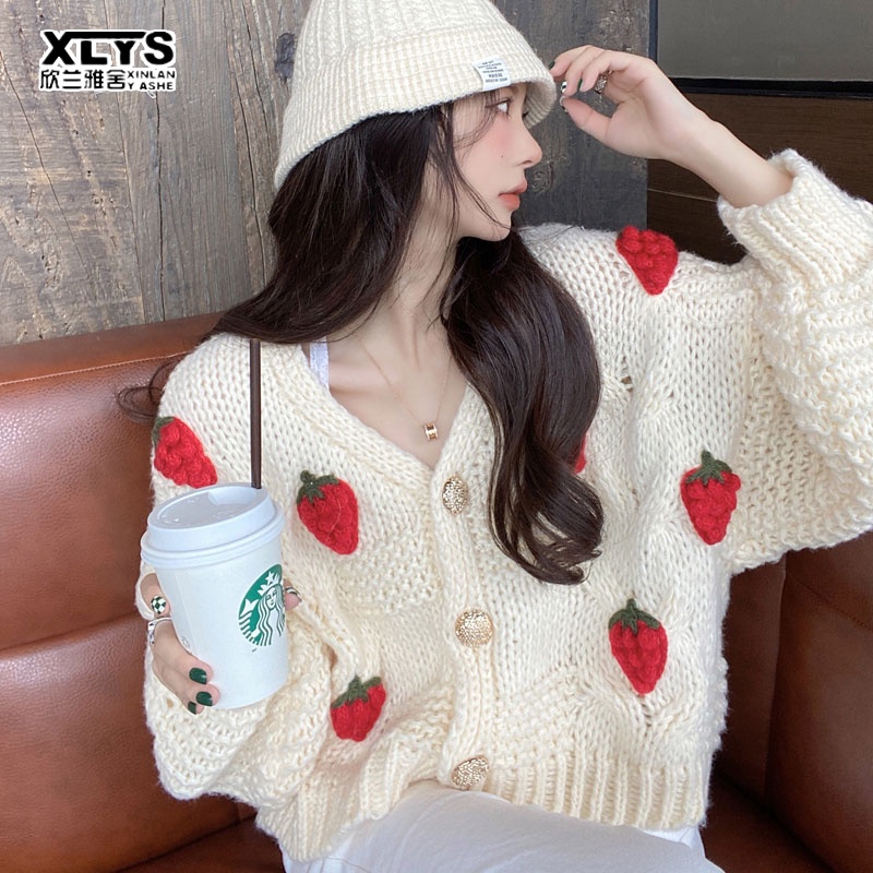 Xin LAN YA SHE Áo Khoác Cardigan Dệt Kim Dày Tay Dài Cổ Chữ V In Họa Tiết Dâu Tây Kích Thước Lớn Cho Nữ