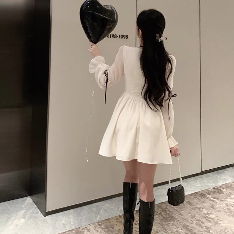 Đầm babydoll dài tay cổ vuông chất voan Quảng Châu, váy vintage dáng xoè ngắn tiểu thư sang trọng ClassyGirl