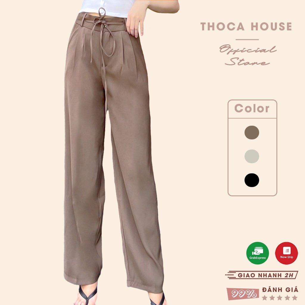 Quần tây công sở ống rộng cột dây trơn đen, kem, nâu THOCA HOUSE thanh lịch, trưởng thành, phối đồ đi làm, đi học