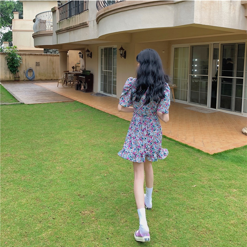 Đầm hoa nhí 2 lớp có dây thu eo, style Retro hàng Quảng châu #QC86