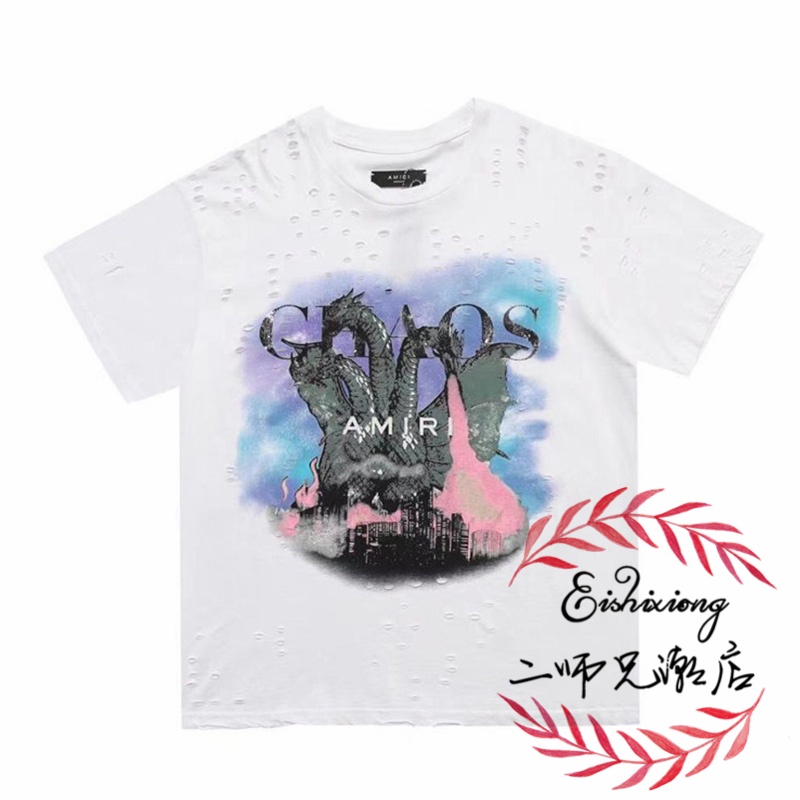 Amiri Chaos Kidora Áo Thun cotton Ba Đầu Tay Ngắn Cổ Tròn In Hình Khủng Long Thời Trang Thoải Mái