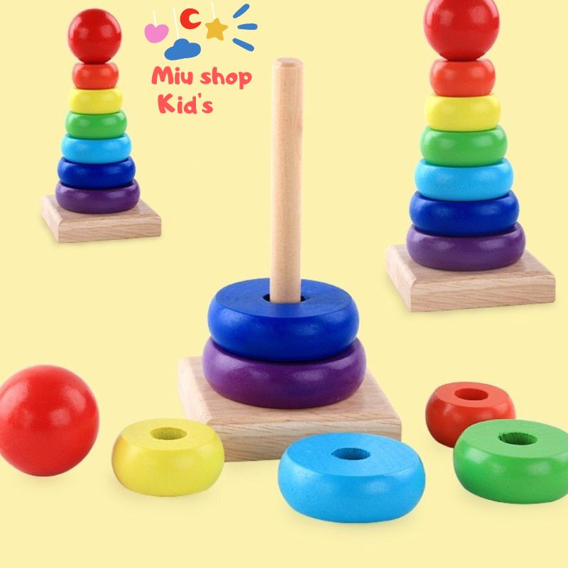 Đồ Chơi Gỗ Tháp Cầu Vồng 7 Màu, đồ Chơi Trí Tuệ Montessori Phát Triển Kỹ Năng Tư Duy Logic Cho Bé Balo Mimi