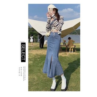 Chân váy jean dài ,váy bò đuôi cá , chân váy jean dáng dài xẻ tà , cạp cao phong cách ulzzang