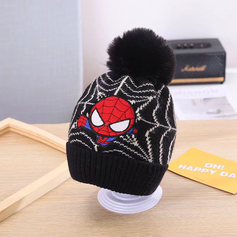 Mũ Len Beanie Đính Bóng Lông Thêu Hình Người Nhện Disney Thời Trang Thu Đông Cho Bé Trai Và Gái