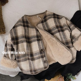 Áo Khoác Len Cotton Lót Lông Cừu Dáng Rộng Họa Tiết Kẻ Sọc Phong Cách Hàn Quốc Thời Trang Thu Đông Mới Cho Bé Trai Và Gái