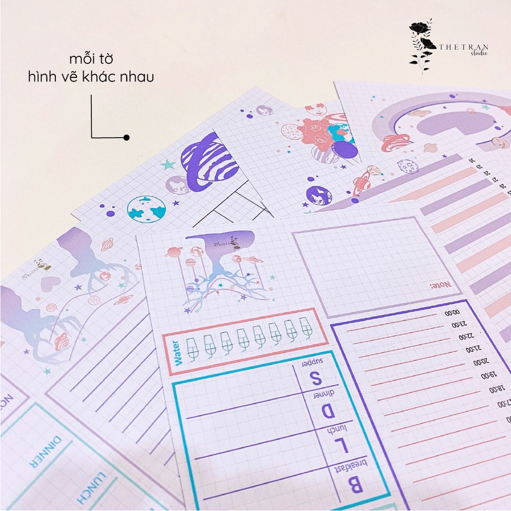 Bộ 8 tờ ghi chú kế hoạch hàng ngày tuần tháng A5 chủ đề hành tinh / planet planner / thetranstudio