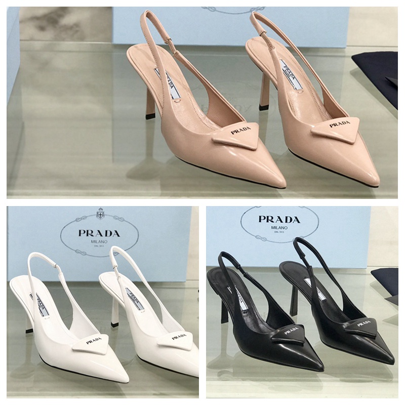 Prada Giày Cao Gót 7cm Mũi Nhọn Màu Trơn Đính Hạt Hở Cạnh Thanh Lịch Thoải Mái Chống Mài Mòn
