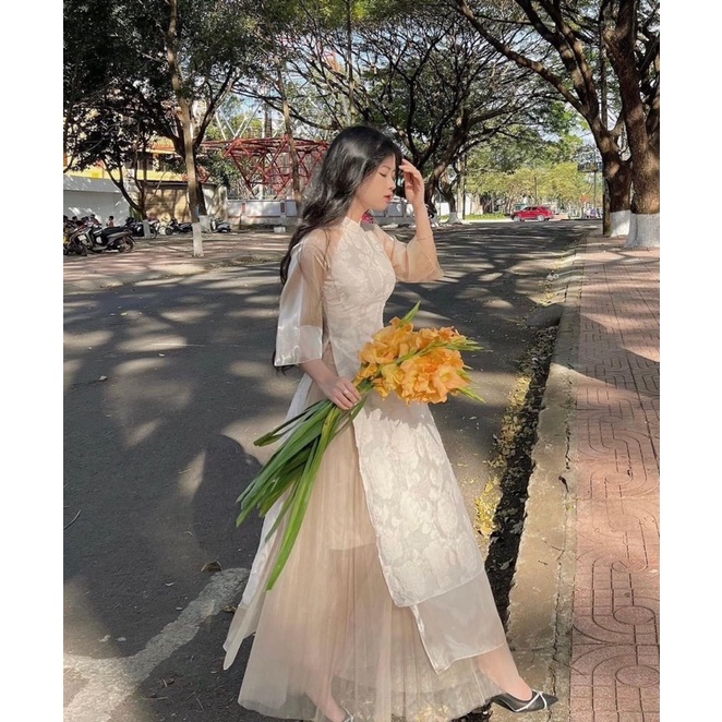 SET Áo Dài hoa nổi tay lỡ kèm Chân Váy midi nude dập ly diện Tết NÀNG CLOSET