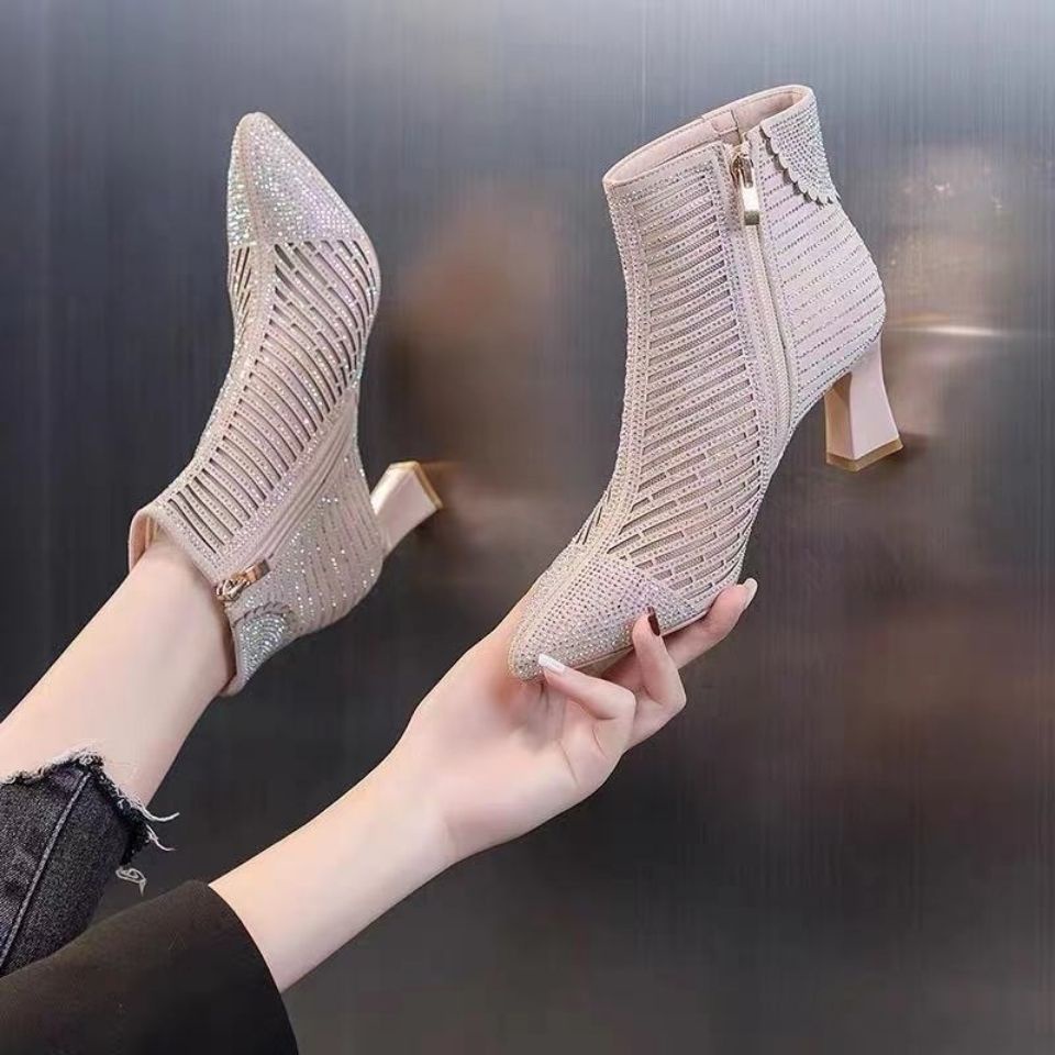 Bán Chạy#Giày Bốt Martin Mũi Nhọn Gót Dày Phối Lưới Đính Kim Cương Thời Trang Xuân Thu Kiểu Mới Cho Bạn Gái