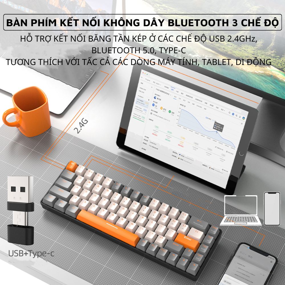 Bàn Phím Cơ Bluetooth Không Dây K68BT Trục Cơ Red Switch Gõ Cực Đã Có Hotswap Kết Nối Máy Tính / Điện Thoại / Tablet | BigBuy360 - bigbuy360.vn