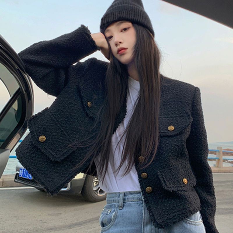 Áo Khoác Ngắn Màu Đen Phong Cách Hàn Quốc Cổ Điển Thời Trang Xuân Thu Dành Cho Nữ
