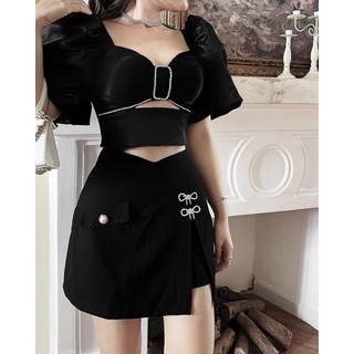 set áo đính đá chân váy quần xẻ đính nơ sang chảnh
