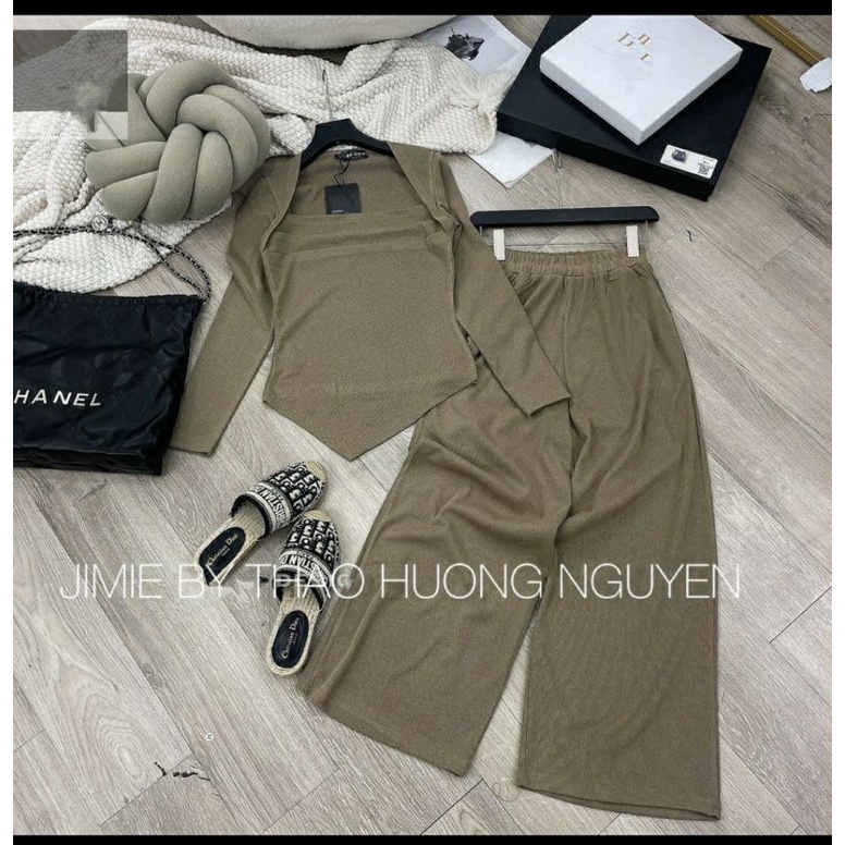 Set bộ thun tăm hàn quần ống suông màu nâu đá