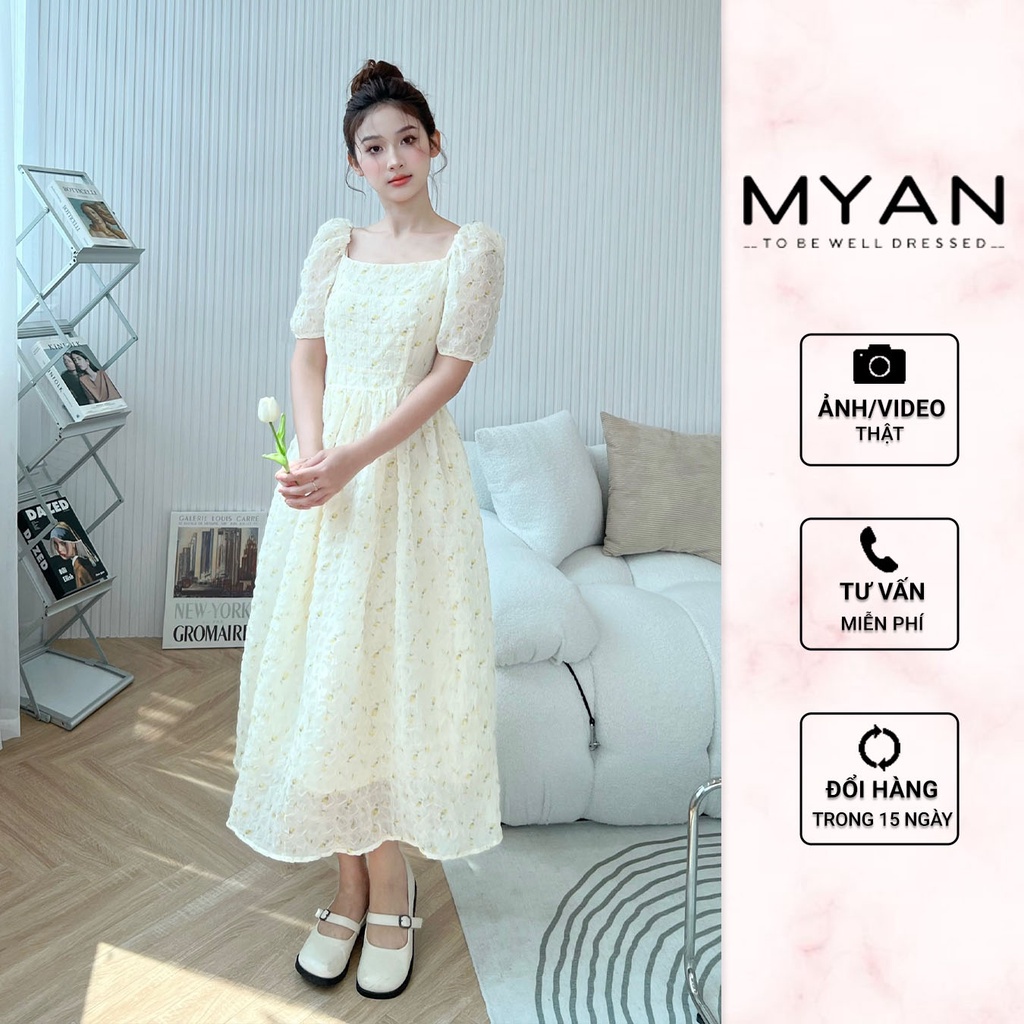 Váy Hoa Maxi Dáng Xòe MYAN Thiết Kế Cổ Vuông Chun Vai - Đầm Trễ Vai Thiết Kế Dáng Dài Chất Tơ Xốp Màu Kem - VVN092207