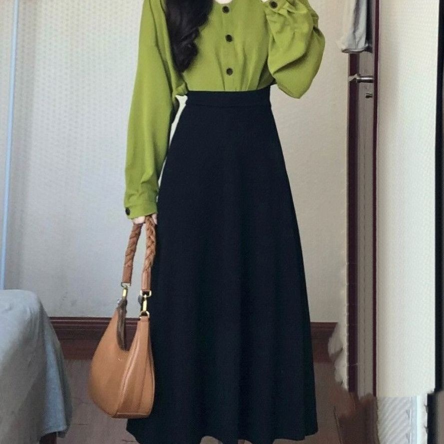 Chân váy nữ Set Áo Sơ Mi Dài Tay Kèm Chân Váy Lưng Cao Phong Cách Pháp Thời Trang Mùa Thu Mới Cho Nữ