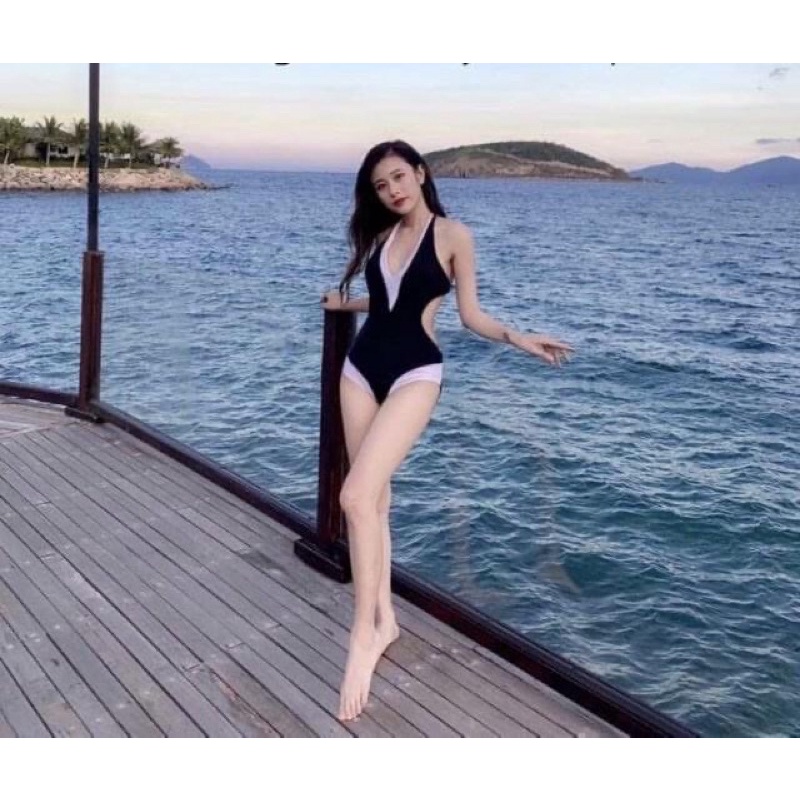bikini liền mảnh pha trắng trước ngực khoét eo