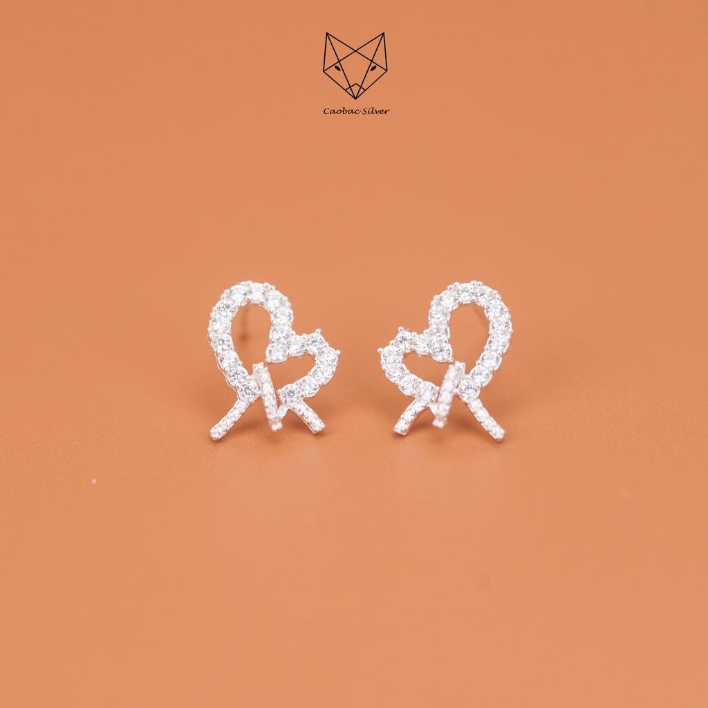 Khuyên Tai Bạc Ta Nữ CaoBac Silver Hình Nơ Đính Đá Cạnh Xoắn Thiết Kế Lạ Mắt , Lấp Lánh  Xinh Xắn Cho Bạn Bạn Gái