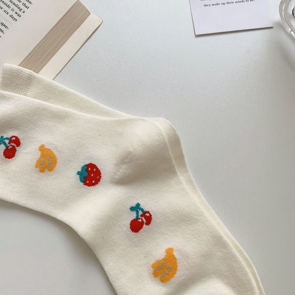 1 Đôi Vớ Cotton Mềm Cổ Vừa Thoáng Khí Thoải Mái In Họa Tiết Trái Cây / Mặt Cười / Gấu Dễ Thương