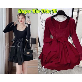 Đầm đen cổ v lai tầng thắt eo