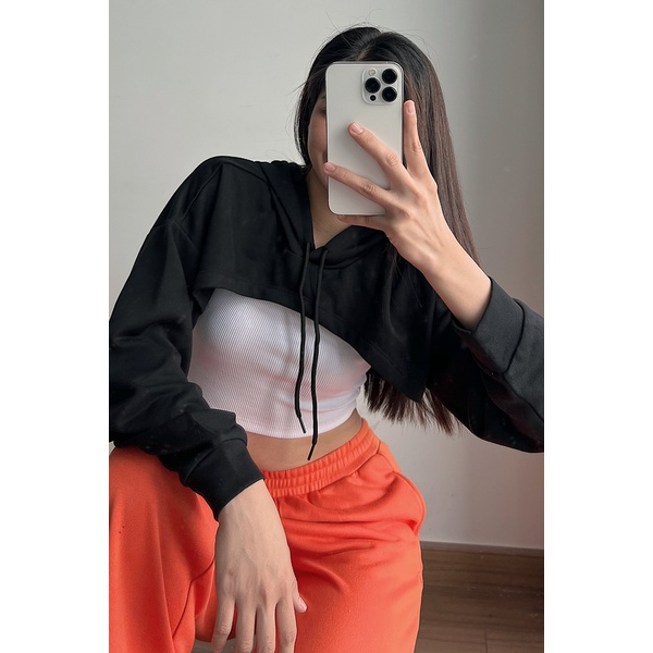 Áo hoodie Maybi croptop rộng thun kiểu