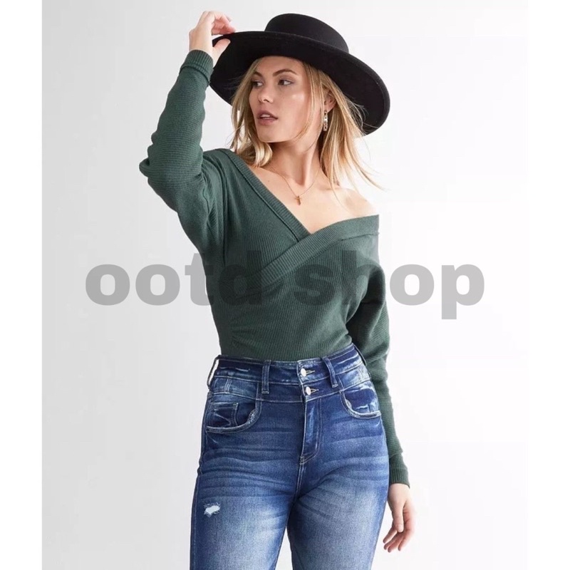 Bodysuit len trễ vai dáng wrap freepeople VNXK