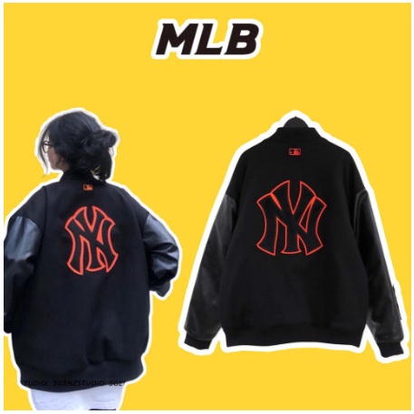 Áo varsity jacket Bomber MLB NY Chữ Thêu Tay Da Cao Cấp - Áo Bomber Nỉ Tay Da Phong Cách Unisex***