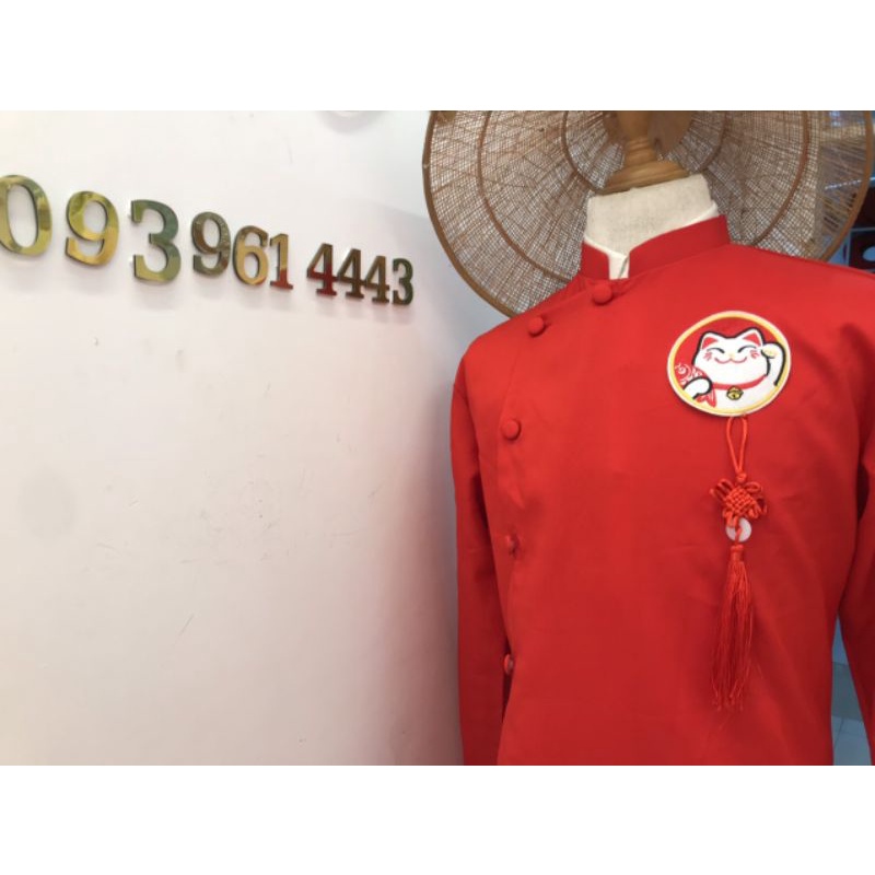 Áo dài cách tân nam tết Mèo thần tài kèm tua rua