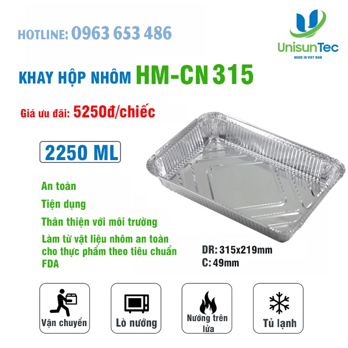 Set 10 khay hộp nhôm đựng thực phẩm HM-CN315 dung tích 2250ml nắp giấy tráng nhôm