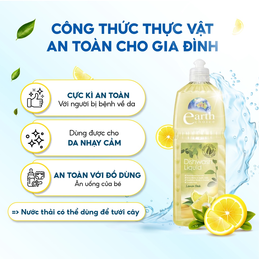 Nước Rửa Chén EARTH CHOICE An Toàn Với Cả Đồ Dùng Ăn Uống Của Bé, Không Khô Da Tay Chiết Xuất Chanh Dung Tích 1L