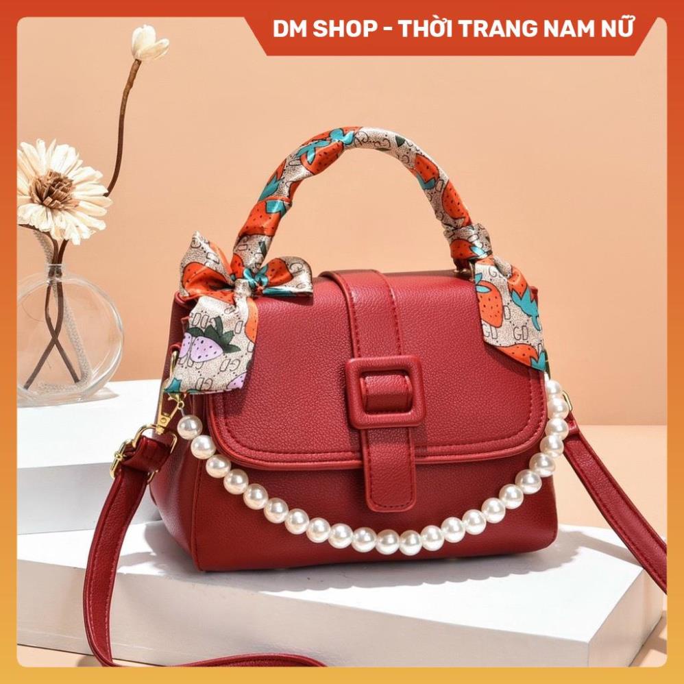 Túi đeo chéo nữ , Túi xách đeo vai phối quai ngọc trai kèm khăn tết cầm tay màu đen ghi nâu hồng thời trang DM Shop